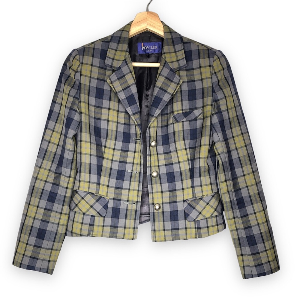 Y2K IVYCLUB Women Plaid Blazer Jacket S/XS Office Career Blazer Short preppy